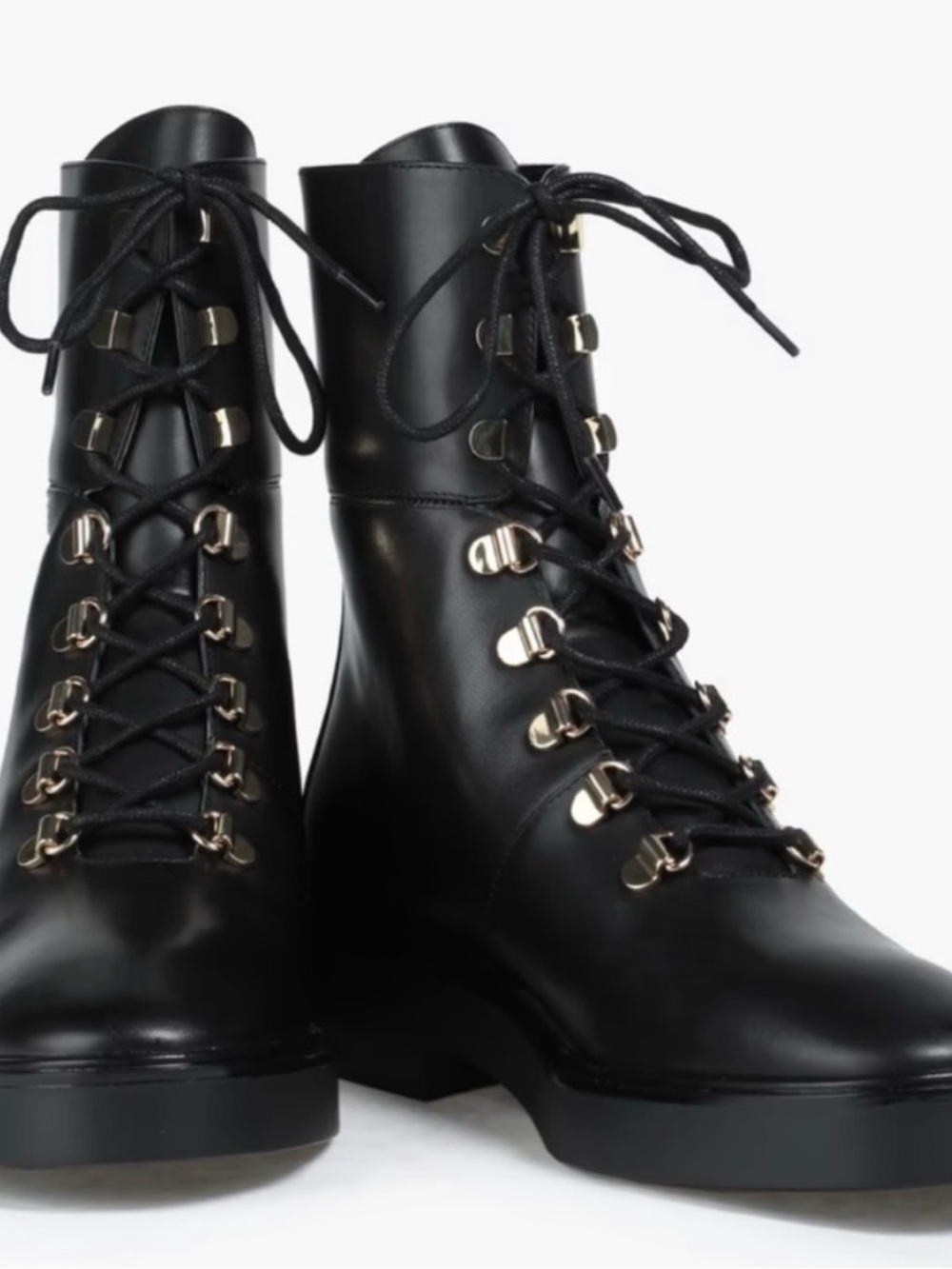 Stuart Weitzman Black Leather Lace-Up Ankle Boots with Gold-Tone Hardware